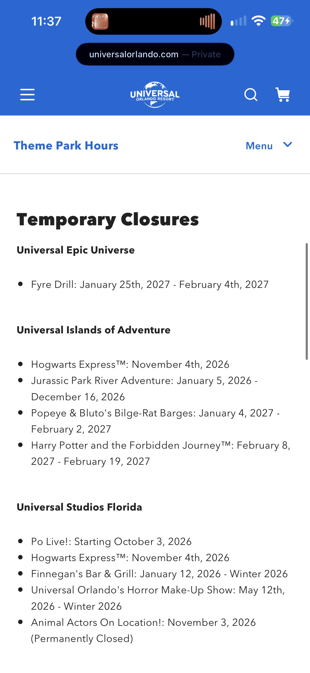Phone screenshot of the Temporary Closures section of universalorlando.com, listing Jurassic Park River Adventure: January 5, 2026 - December 16, 2026 under Universal Islands of Adventure, along with closures for Fyre Drill, Hogwarts Express, Popeye & Bluto's Bilge-Rat Barges, Harry Potter and the Forbidden Journey, Po Live!, Finnegan's Bar & Grill, the Horror Make-Up Show and Animal Actors On Location!