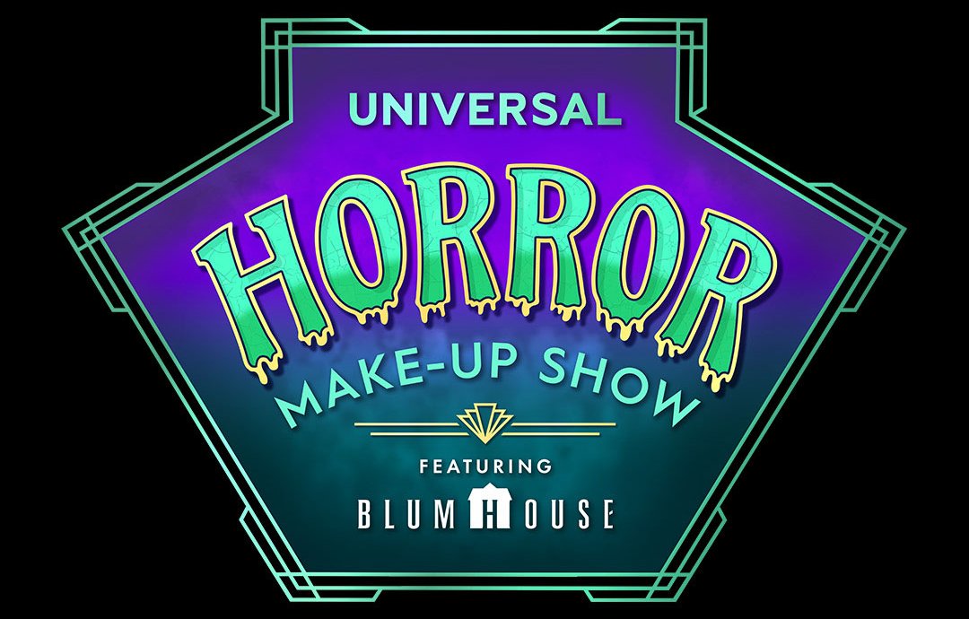 Logo reading Universal Horror Make-Up Show featuring Blumhouse, with green dripping HORROR lettering on a purple and teal art deco badge