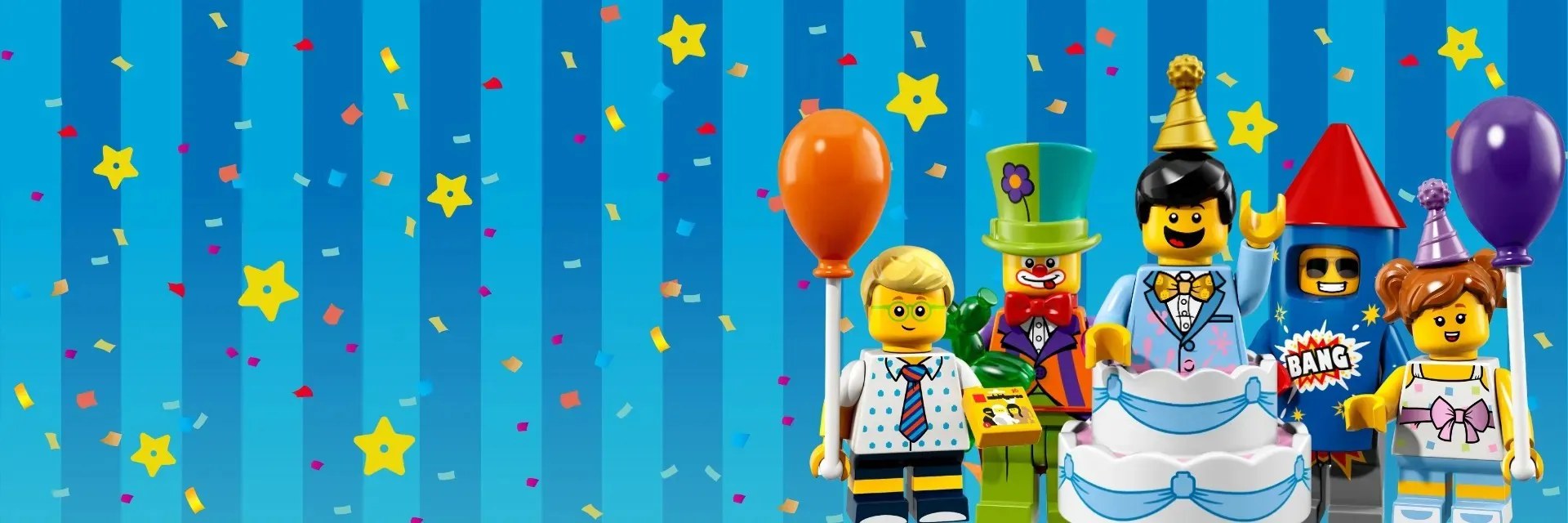 LEGO party minifigures on a blue striped background with confetti and stars, including a figure popping out of a tiered birthday cake, a clown in a green top hat, a figure in a rocket costume and two kids holding balloons