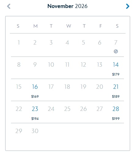 Disney's November 2026 ticket calendar for Jollywood Nights, with November 7 greyed out and marked with a sold-out symbol, and prices of $179, $169, $189, $194 and $199 under November 14, 16, 21, 23 and 28
