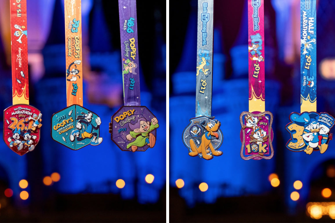 Two side-by-side photos of six runDisney medals hanging on colorful ribbons in front of a blue-lit Cinderella Castle: a red Marathon medal, a teal Goofy's Race and a Half Challenge medal, a purple Dopey Challenge medal, a gray-blue Pluto 5K medal, a pink Chip 'n' Dale 10K medal and a blue and gold number 30 Half Marathon medal with Donald Duck