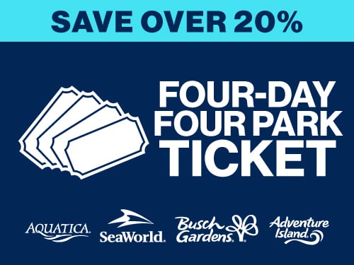 A navy SeaWorld graphic reading Save Over 20% and Four-Day Four Park Ticket, with ticket outlines and the Aquatica, SeaWorld, Busch Gardens and Adventure Island logos