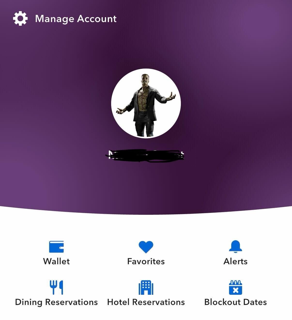 The Manage Account screen of the Universal Orlando Resort app with a round profile picture of Frankenstein's monster in a dark jacket against a purple background, above Wallet, Favorites, Alerts, Dining Reservations, Hotel Reservations and Blockout Dates buttons