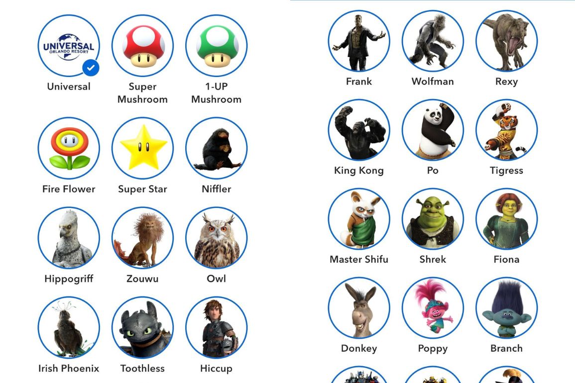 Two side-by-side app screenshots of round character icons: Universal logo, Super Mushroom, 1-UP Mushroom, Fire Flower, Super Star, Niffler, Hippogriff, Zouwu, Owl, Irish Phoenix, Toothless and Hiccup on the left, and Frank, Wolfman, Rexy, King Kong, Po, Tigress, Master Shifu, Shrek, Fiona, Donkey, Poppy and Branch on the right