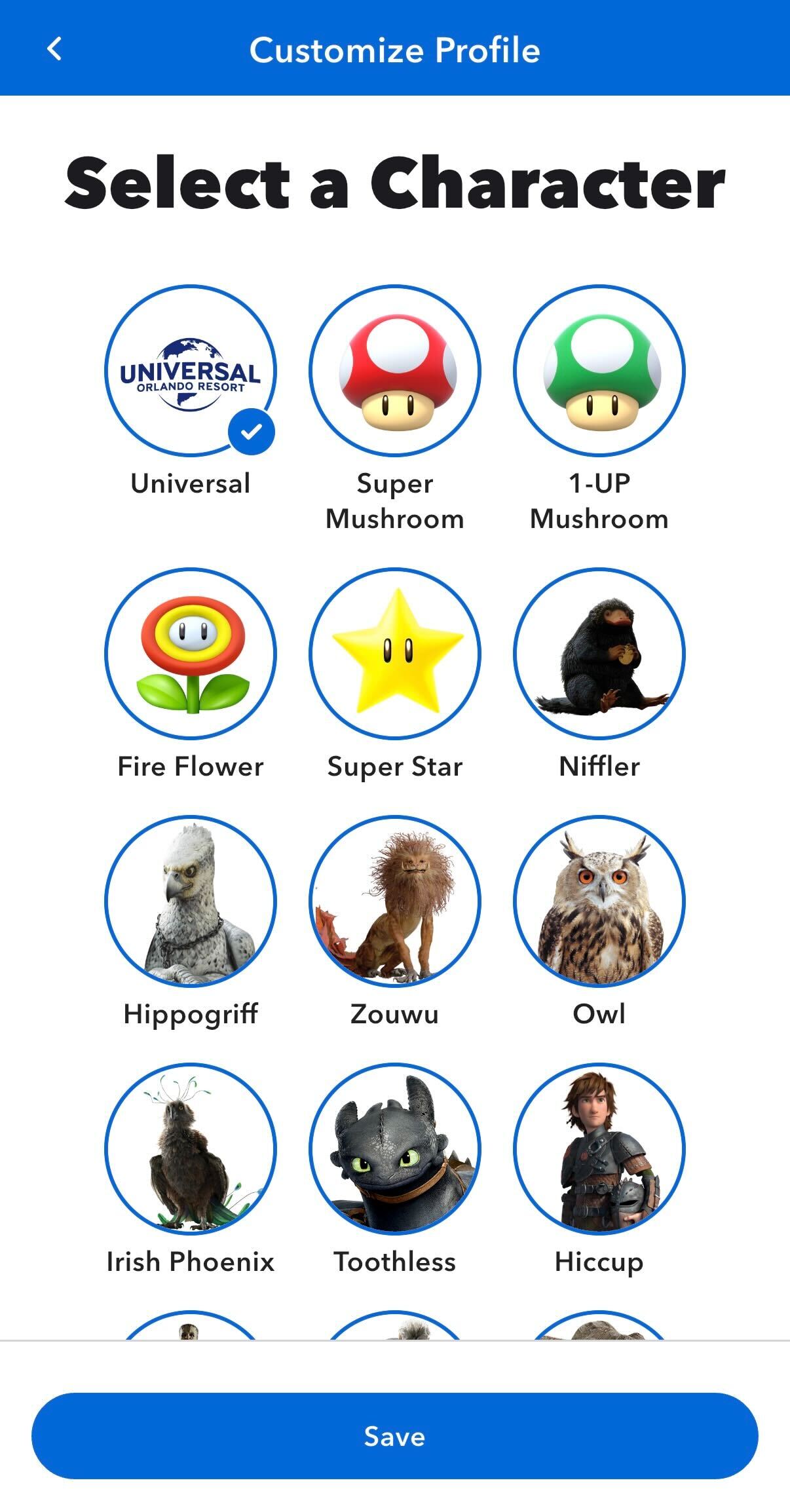 A Universal Orlando Resort app screen titled Customize Profile and Select a Character, showing round icons for the Universal Orlando Resort logo (checked), Super Mushroom, 1-UP Mushroom, Fire Flower, Super Star, Niffler, Hippogriff, Zouwu, Owl, Irish Phoenix, Toothless and Hiccup, with a blue Save button