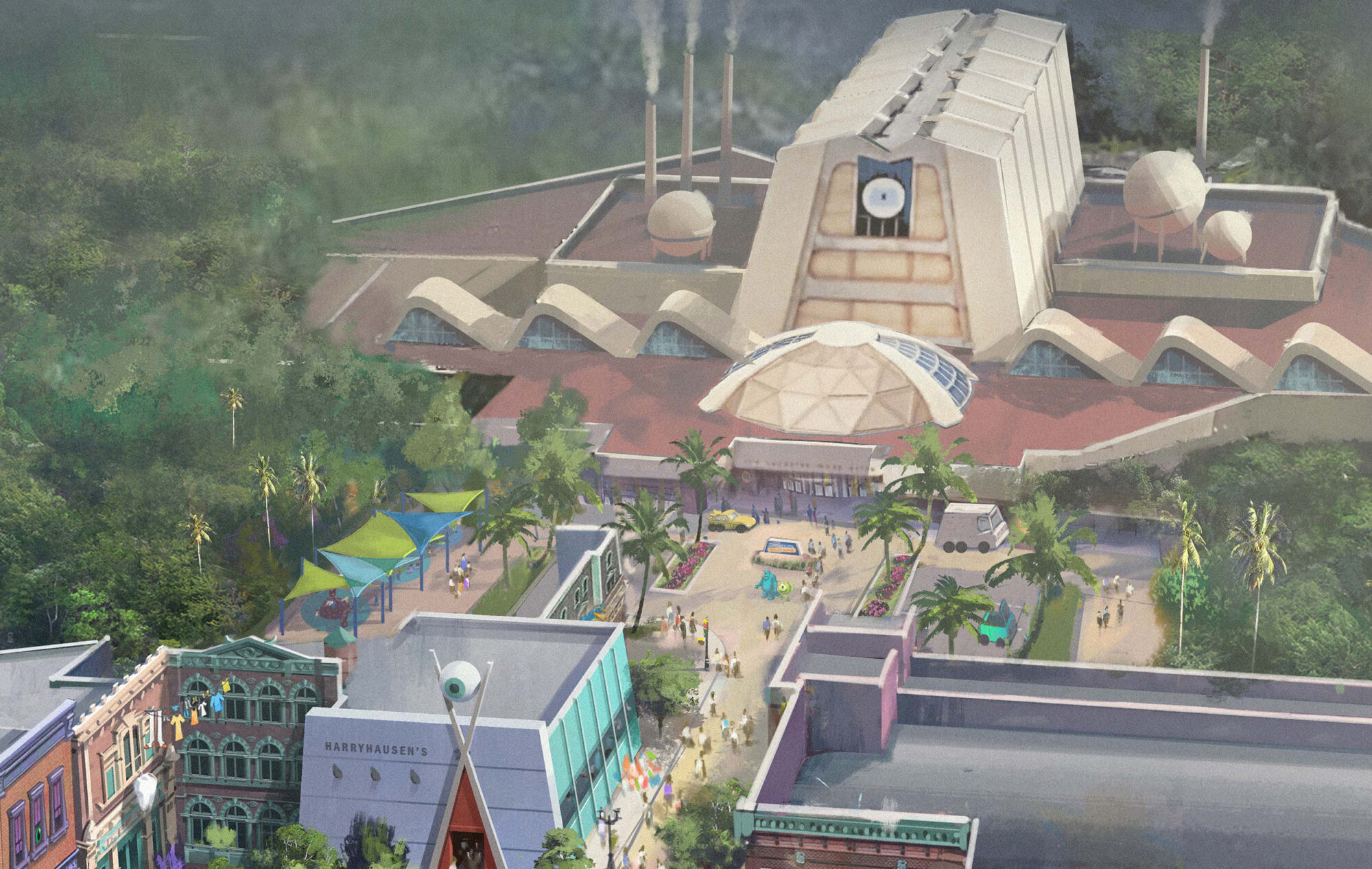 Concept art of Monstropolis: the Monsters, Inc. factory with its domed entrance at the top, palm-lined plaza in front, and at the left a cluster of green and blue shade canopies over a paved area with small figures beneath them