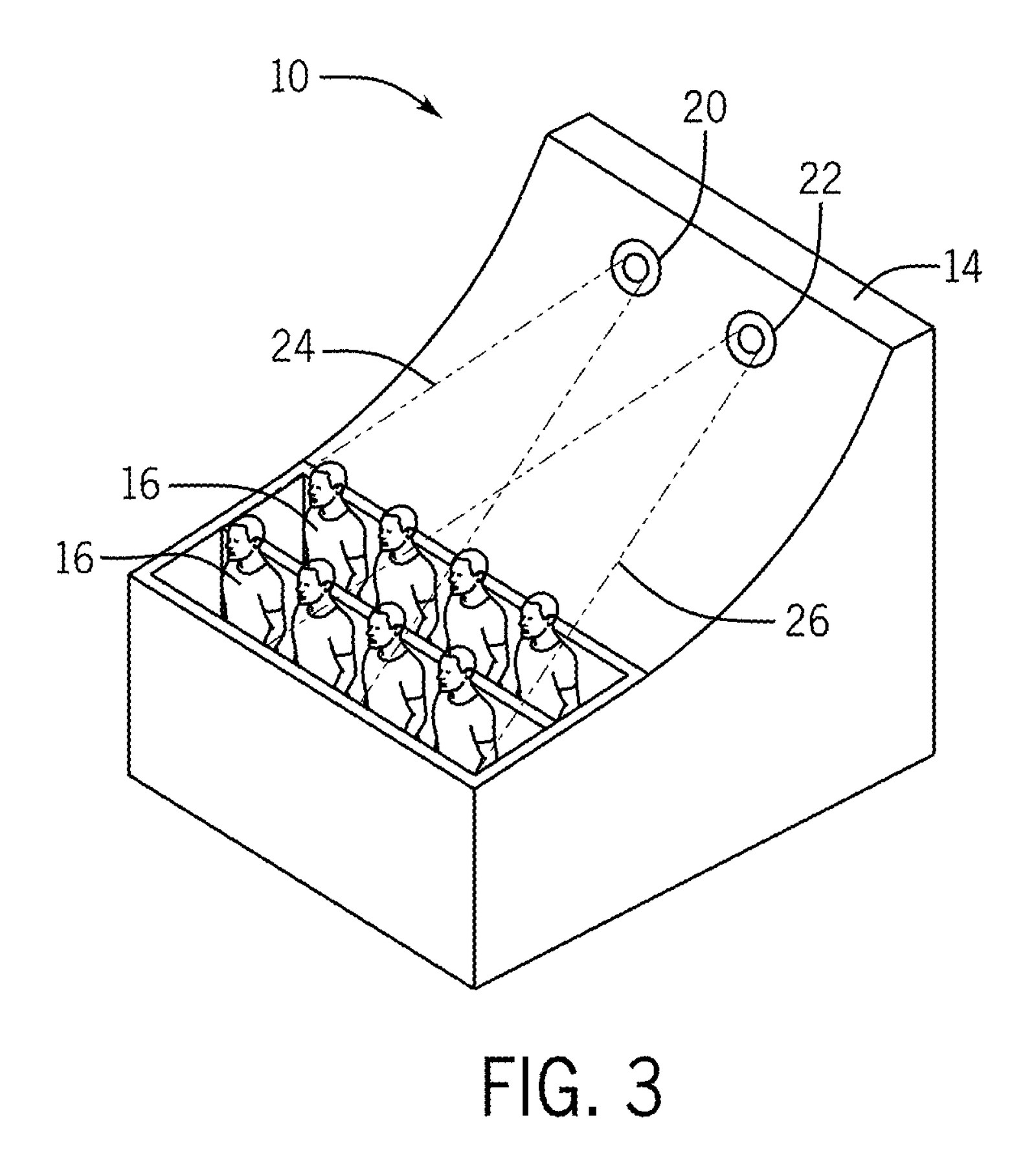 Patent drawing labeled FIG. 3 of a multi-row ride vehicle filled with rows of riders, with two round radar units on the tall curved back wall, each sending dashed lines across the rows