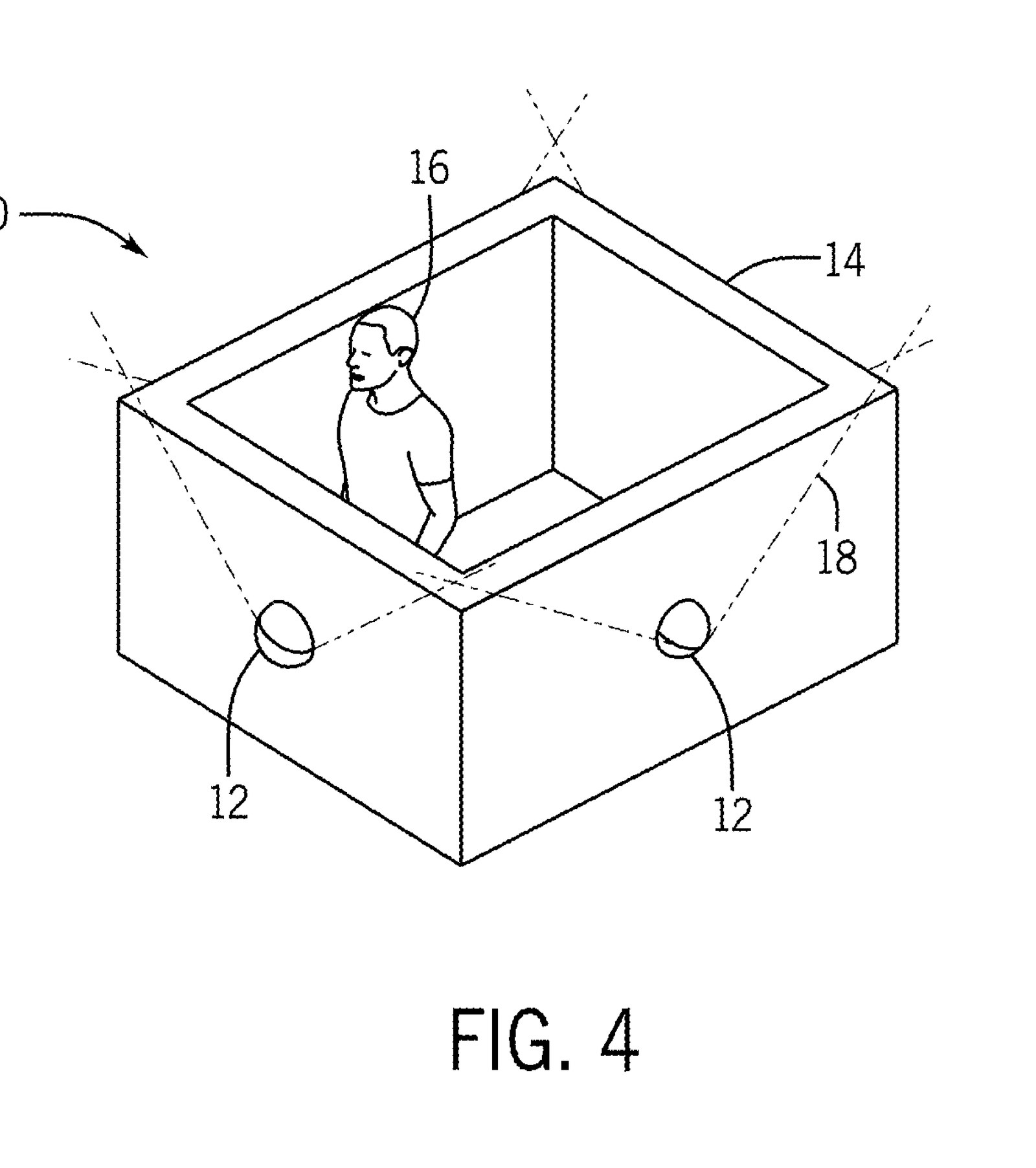 Patent drawing labeled FIG. 4 of a box-shaped ride vehicle with a rider inside and dome-shaped radar units on two of its outer walls, their dashed beams running along the top edges of the walls