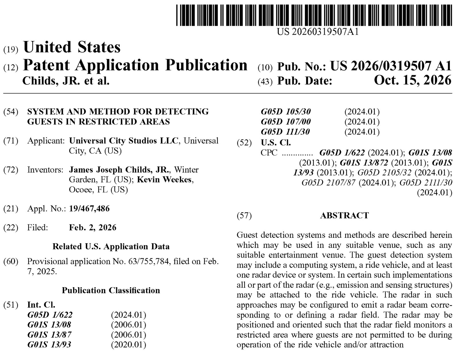 Front page of US patent application publication 2026/0319507 A1 dated Oct. 15, 2026, titled System and Method for Detecting Guests in Restricted Areas, listing applicant Universal City Studios LLC and inventors James Joseph Childs, Jr. and Kevin Weekes, with the abstract at right