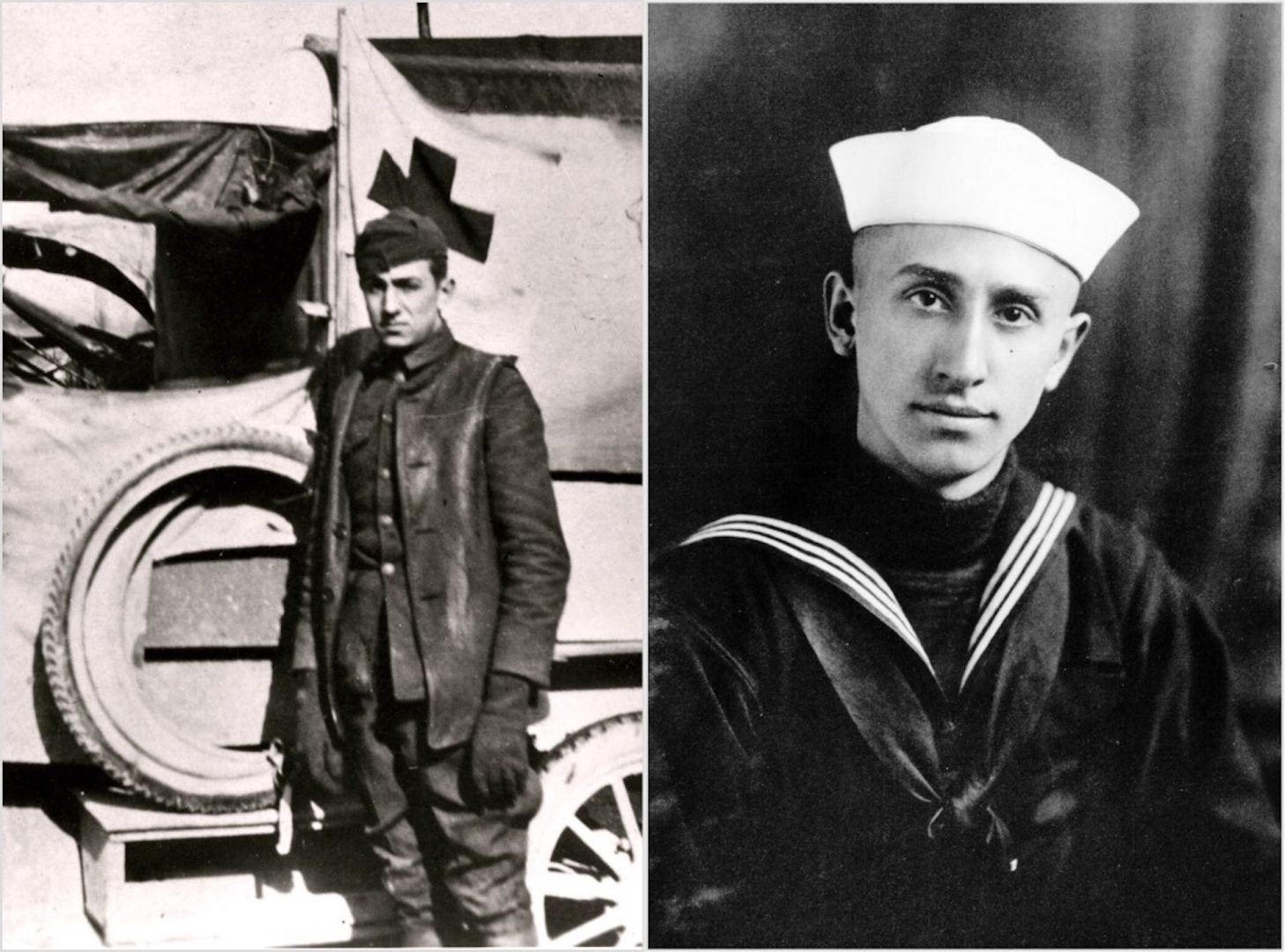 Two black and white portraits side by side: a young man in uniform standing beside an ambulance marked with a cross, and a young man in a sailor's uniform and white cap