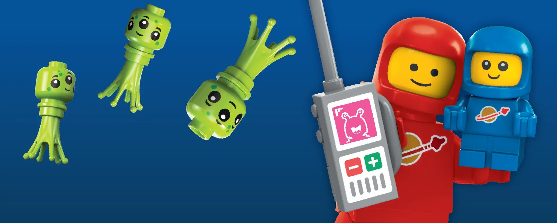 LEGO space art on a blue background: three green alien minifigure heads floating across the left side, and a red classic LEGO spaceman holding a walkie-talkie with a blue spaceman minifigure at right