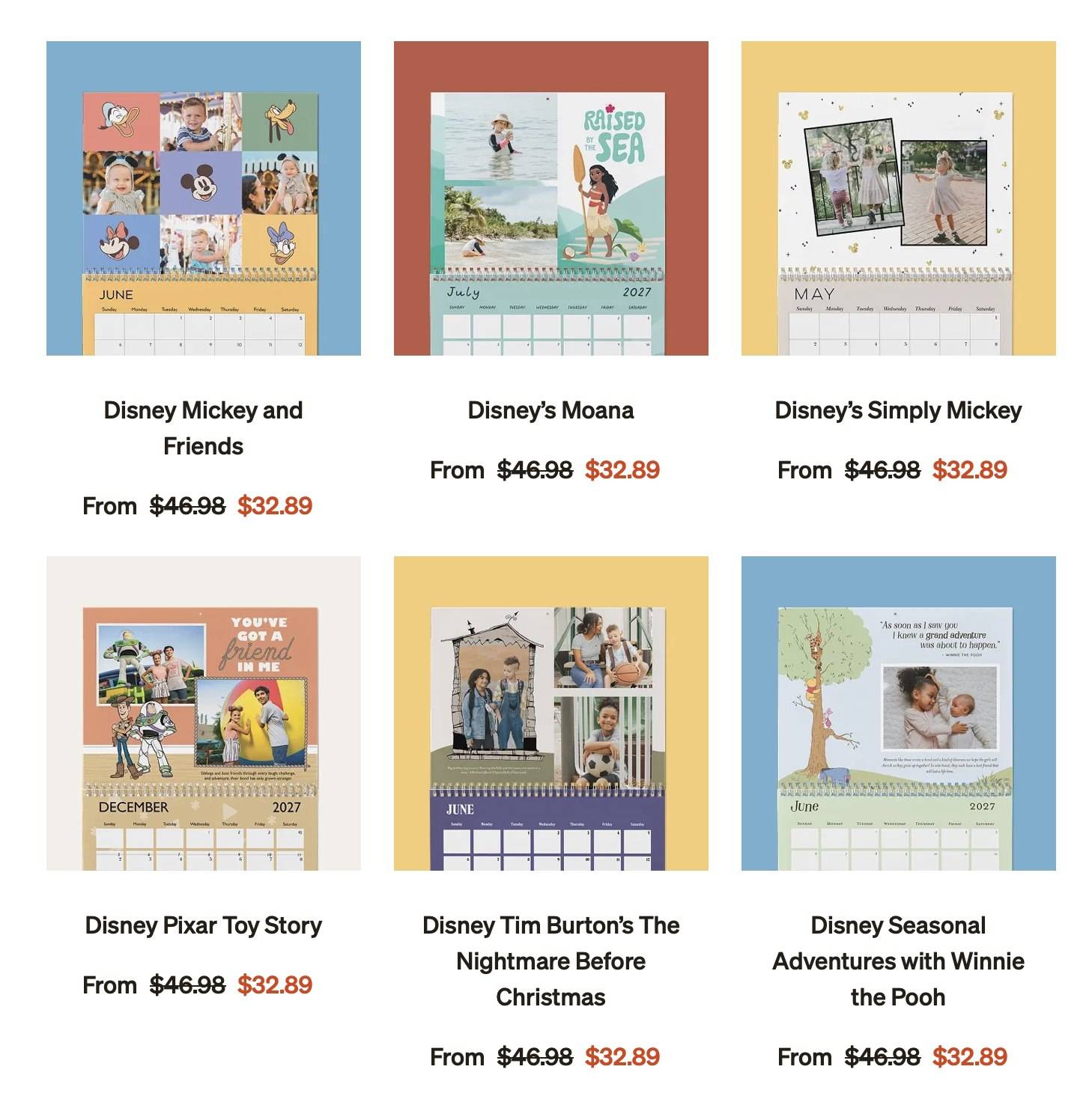 A grid of six Disney wall calendars with family photos, including Mickey and Friends, Moana, Simply Mickey, Toy Story, The Nightmare Before Christmas and Winnie the Pooh designs, each marked From $46.98 crossed out to $32.89