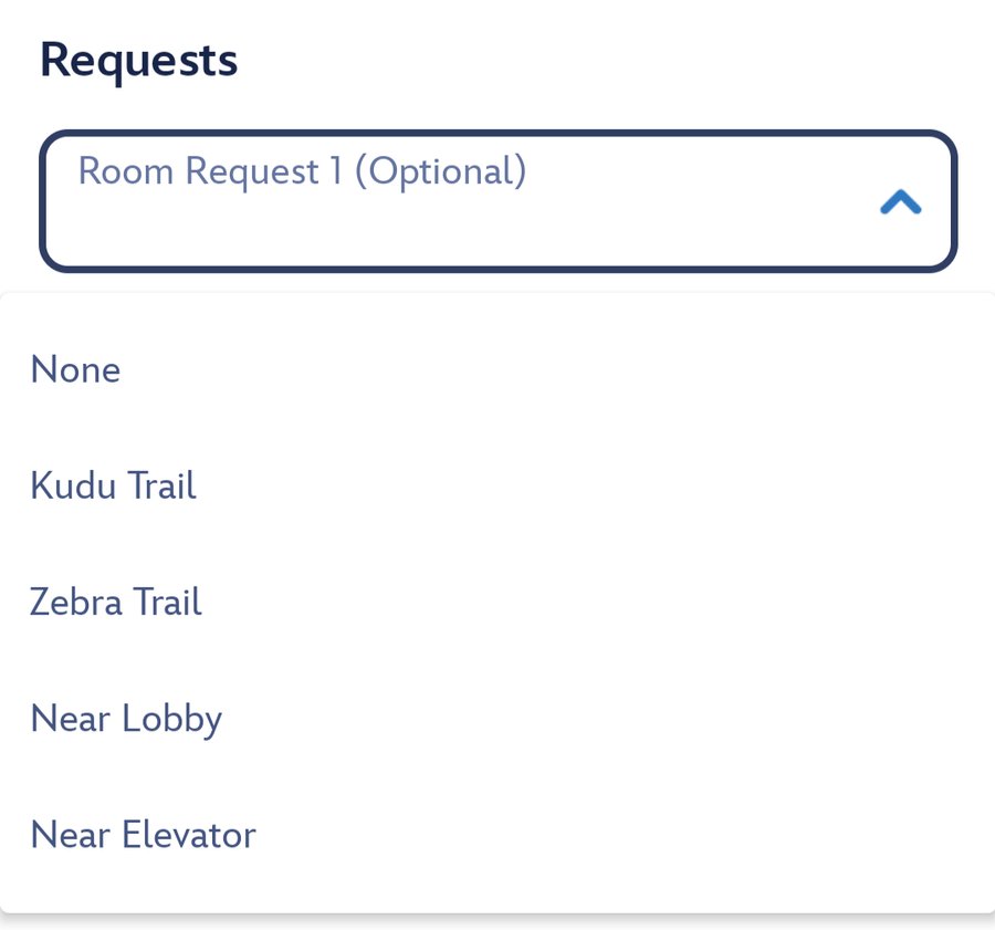 An open Room Request 1 dropdown in My Disney Experience listing None, Kudu Trail, Zebra Trail, Near Lobby and Near Elevator