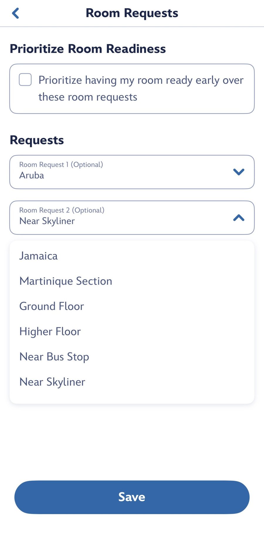 My Disney Experience Room Requests screen with an unchecked Prioritize Room Readiness box, Room Request 1 set to Aruba, Room Request 2 set to Near Skyliner, and an open list showing Jamaica, Martinique Section, Ground Floor, Higher Floor, Near Bus Stop and Near Skyliner