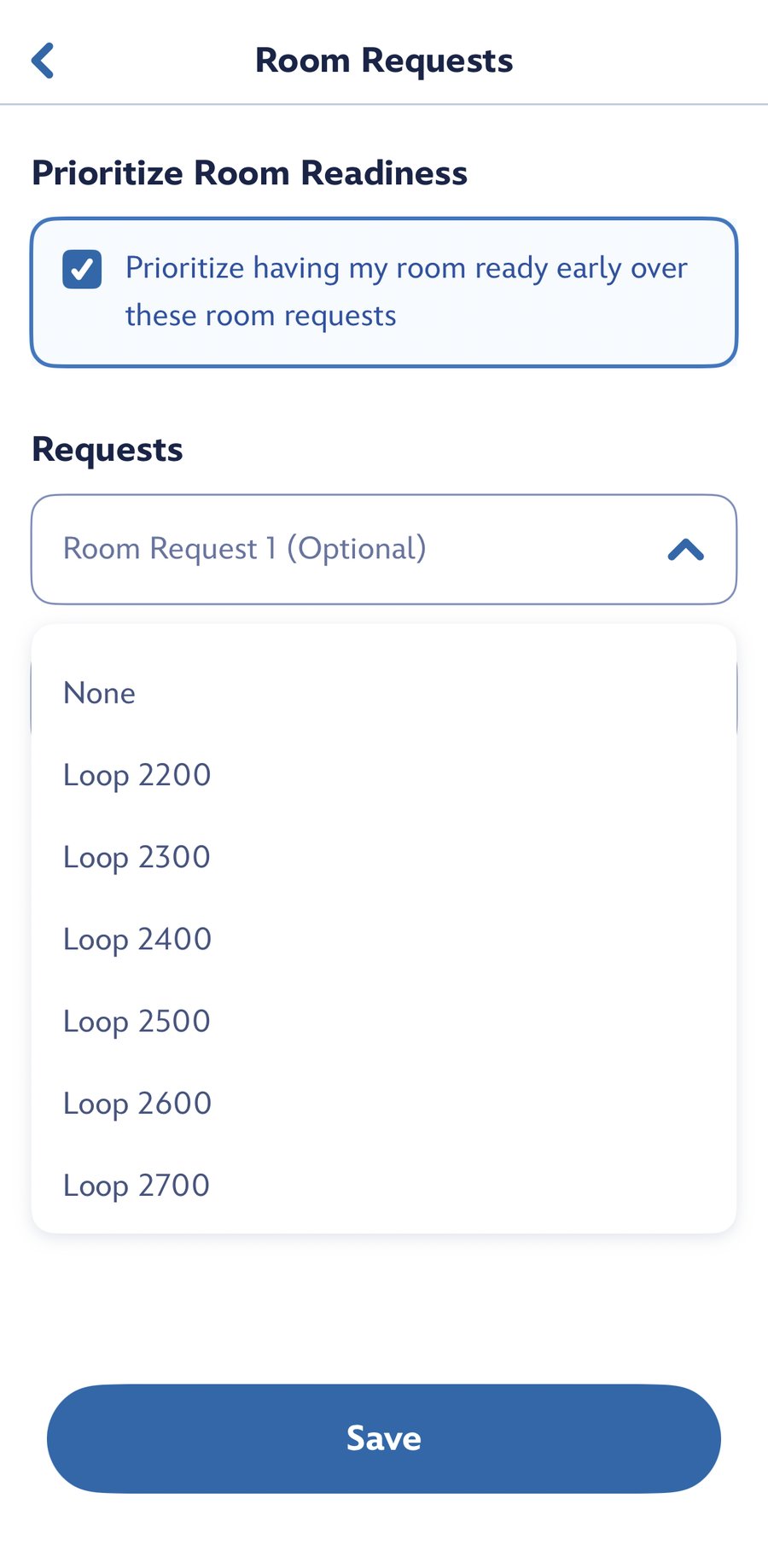 My Disney Experience Room Requests screen with the Prioritize Room Readiness box checked and an open Room Request 1 list showing None and Loop 2200, 2300, 2400, 2500, 2600 and 2700