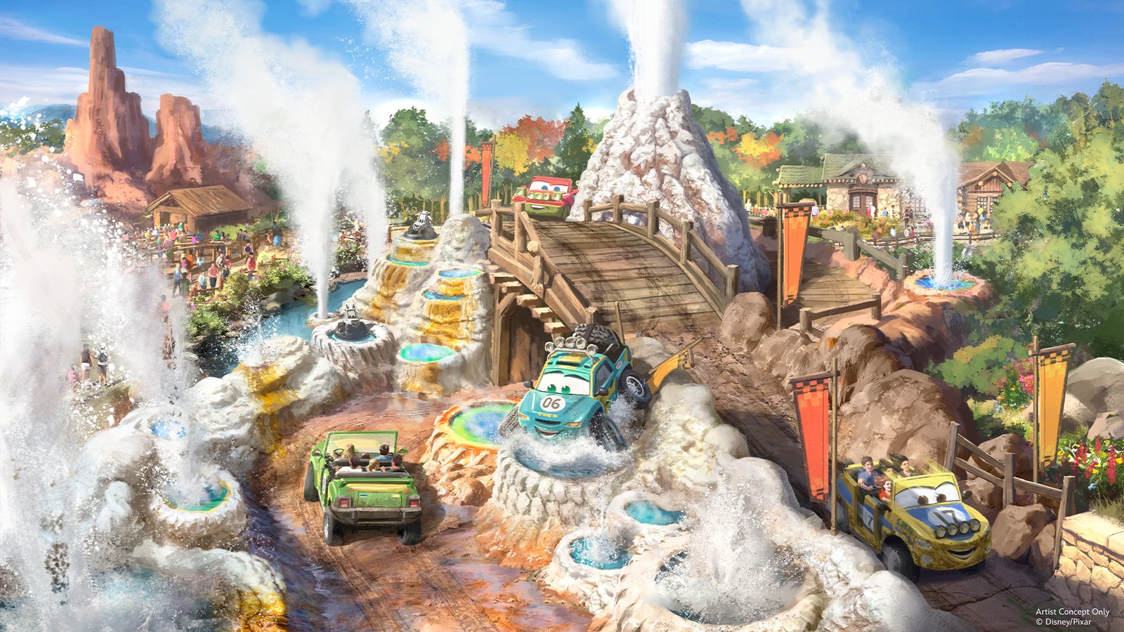 Concept art of off-road Cars characters with passengers racing along a muddy creek trail past erupting geysers and steaming hot spring pools, with a red Cars character crossing a wooden bridge behind them, and Big Thunder Mountain-style red rock spires in the distance