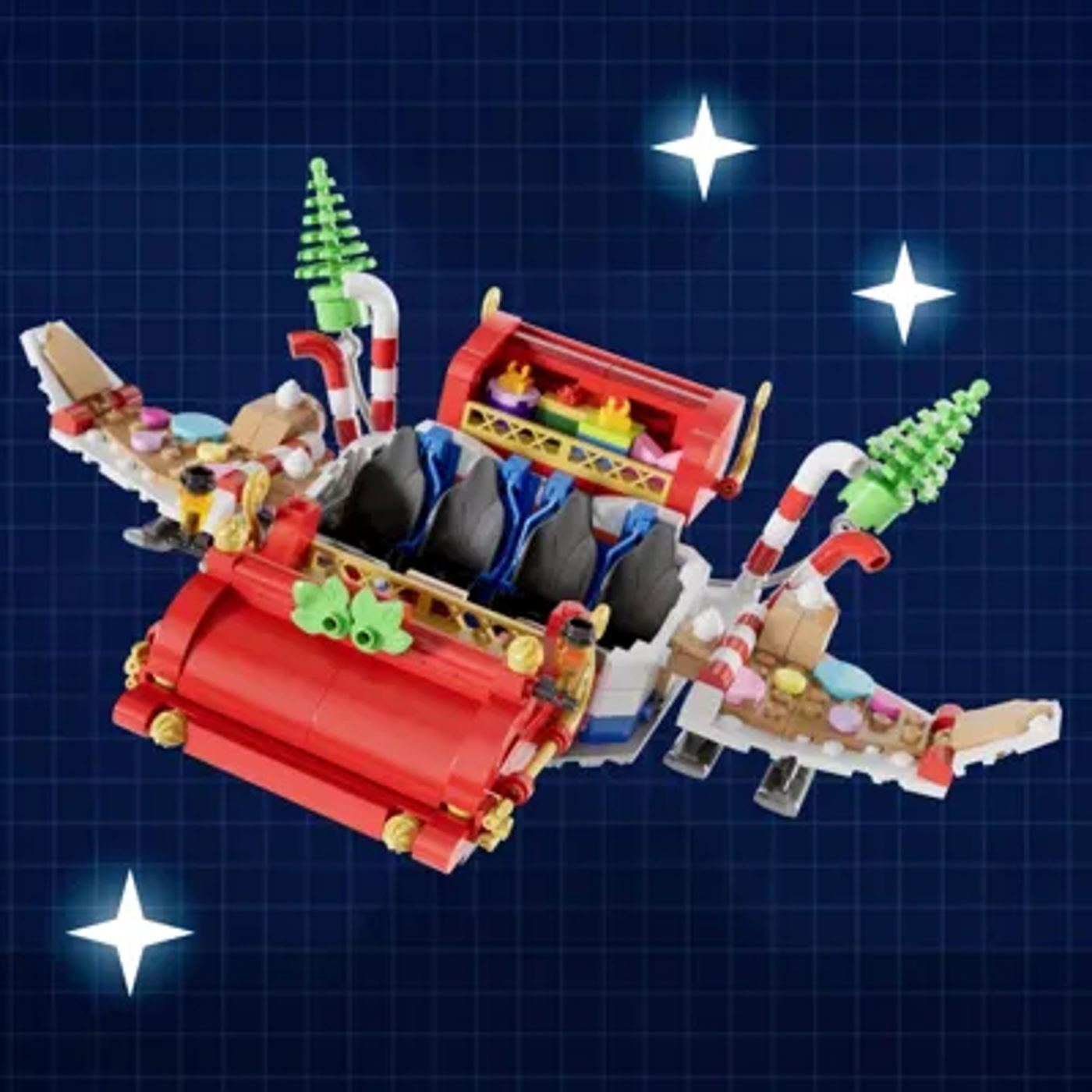 A LEGO-built spaceship styled like a red sleigh with candy-cane accents, small green trees and gingerbread details, floating against a dark blue grid background with white stars