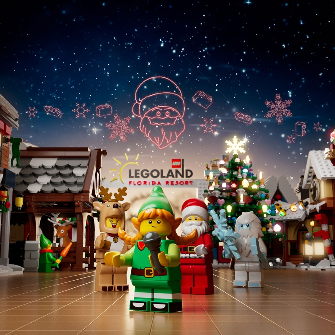 Key art showing LEGO minifigures of a character in a reindeer costume, an elf holding a microphone, LEGO Santa and a white Yeti standing in front of a decorated Christmas tree and LEGO village under a night sky, with a line drawing of Santa's face in red lights and the LEGOLAND Florida Resort logo