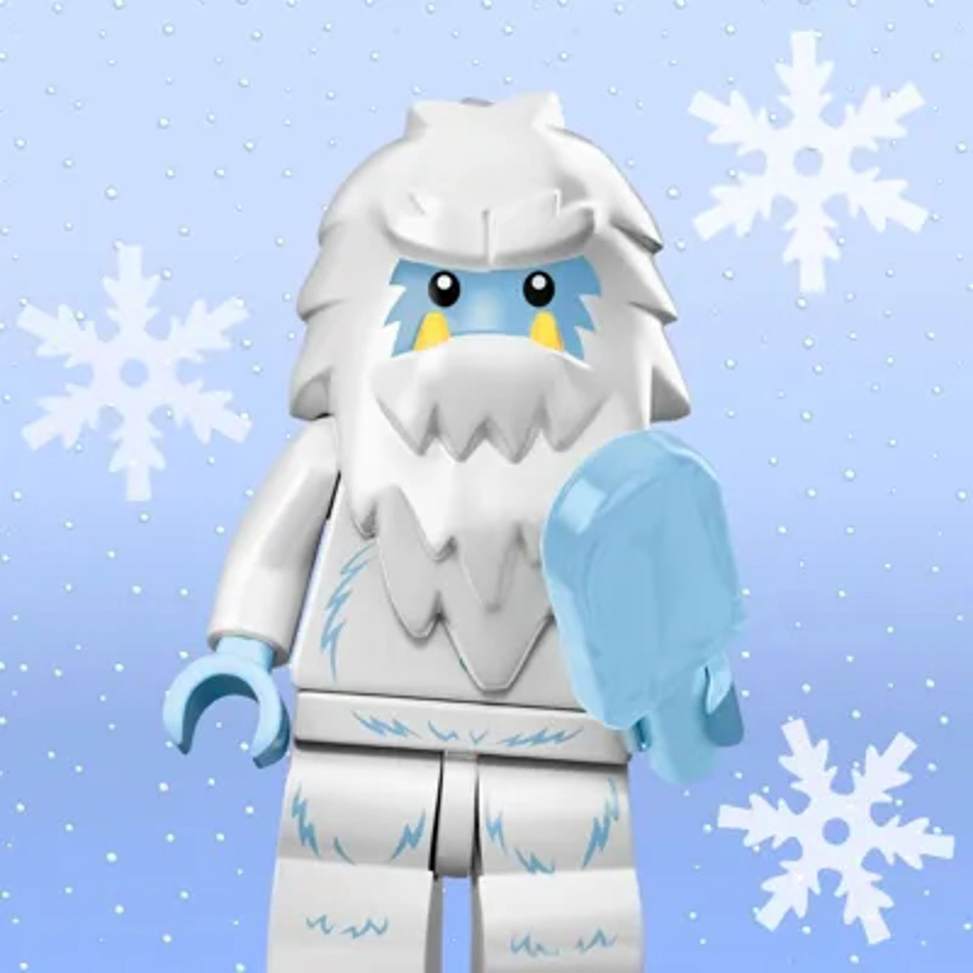 A white furry LEGO Yeti minifigure with a blue face holding a blue ice pop, against a pale blue background with white snowflakes