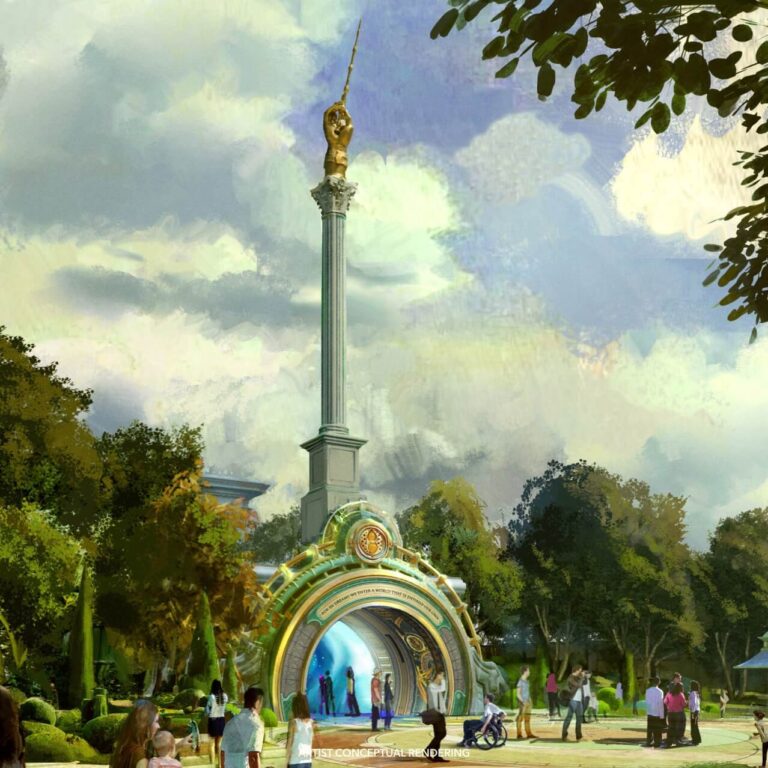 Concept art of the portal into The Wizarding World of Harry Potter, Ministry of Magic at Epic Universe: an ornate arch with a glowing doorway beneath a tall column topped by a golden statue, surrounded by trees and guests