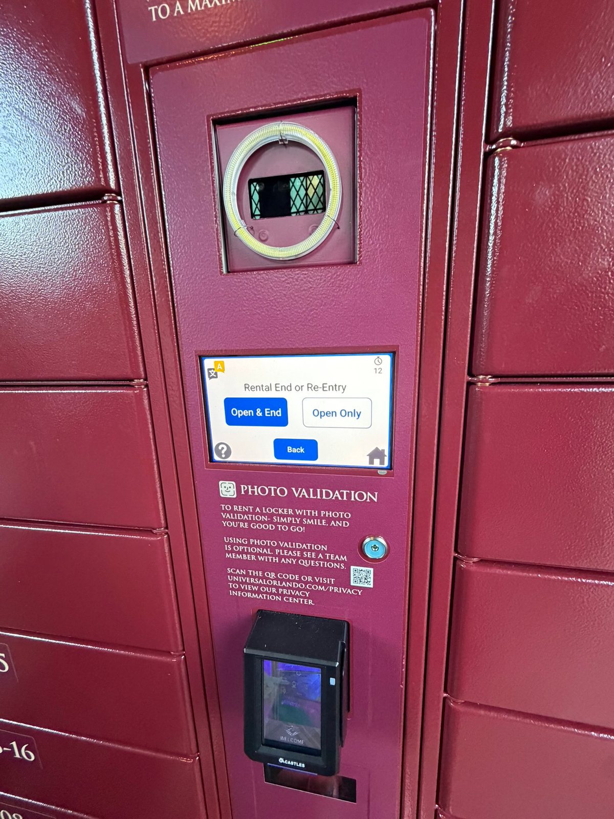 A locker touchscreen reading Rental End or Re-Entry with buttons for Open and End and Open Only, below a ring-lit camera