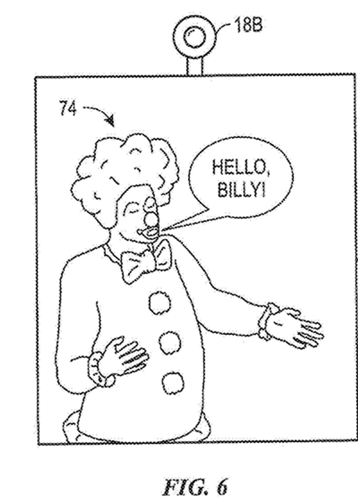 Patent drawing of a screen with a camera mounted on top, showing a clown in a curly wig and bow tie with a speech bubble reading Hello, Billy!