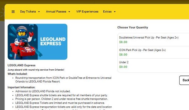 A screenshot of the LEGOLAND Express booking page showing Doubletree/Universal Pick Up and ICON Park Pick Up per seat options at $8.00 each and an Under 2 option at $0.00, beside the shuttle description