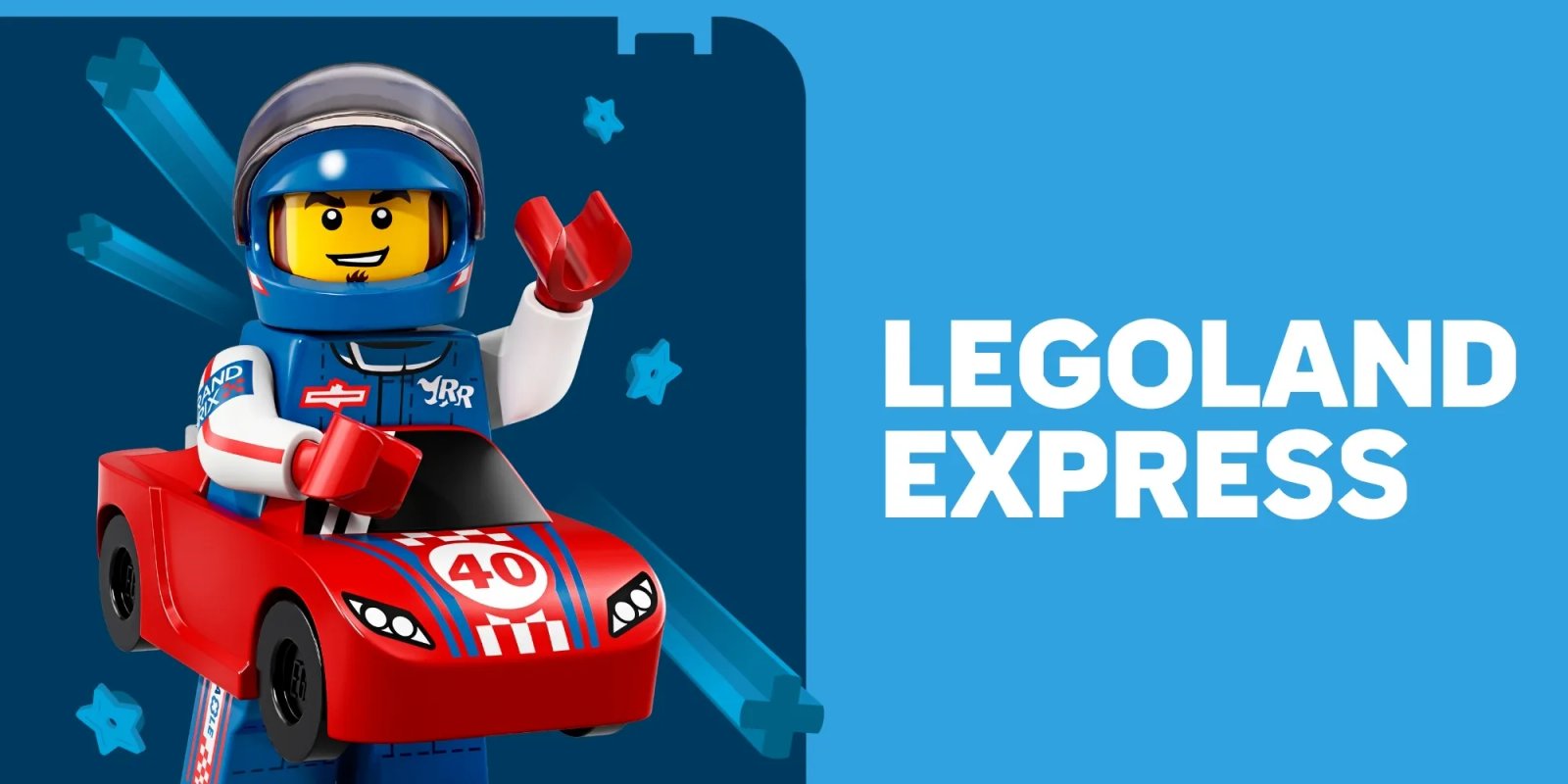 A LEGO minifigure race car driver in a blue helmet and suit waves from a red race car numbered 40, next to the words LEGOLAND EXPRESS on a blue background