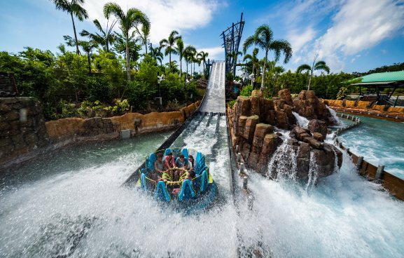 A round blue raft carrying riders splashing into churning whitewater at the bottom of a steep chute, with rockwork, palm trees and a blue steel lift structure behind it