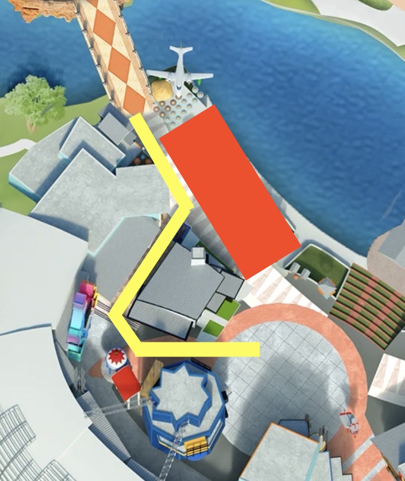 An overhead illustrated map of CityWalk with a yellow line tracing the detour route and a red rectangle marking the construction site along the waterfront, ending near the seaplane at the bridge