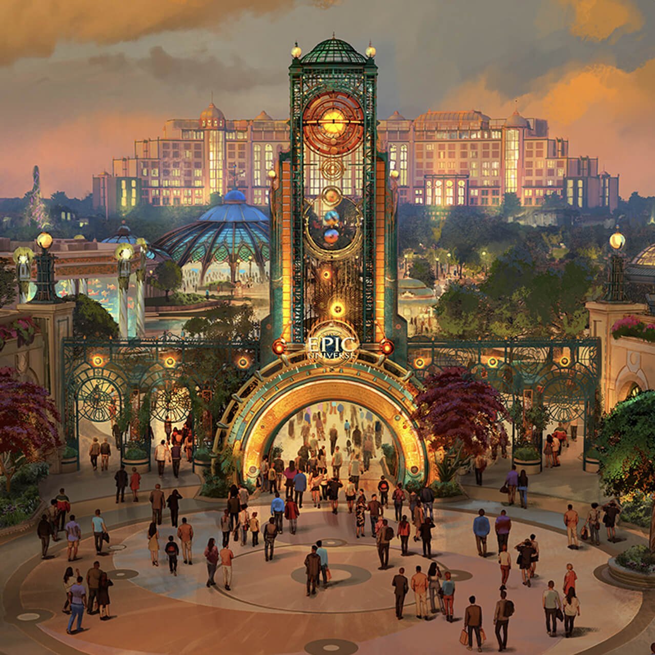 Concept art of the Epic Universe entrance, a tall green and gold clock-like tower above an illuminated archway, with crowds walking in and a domed hotel behind