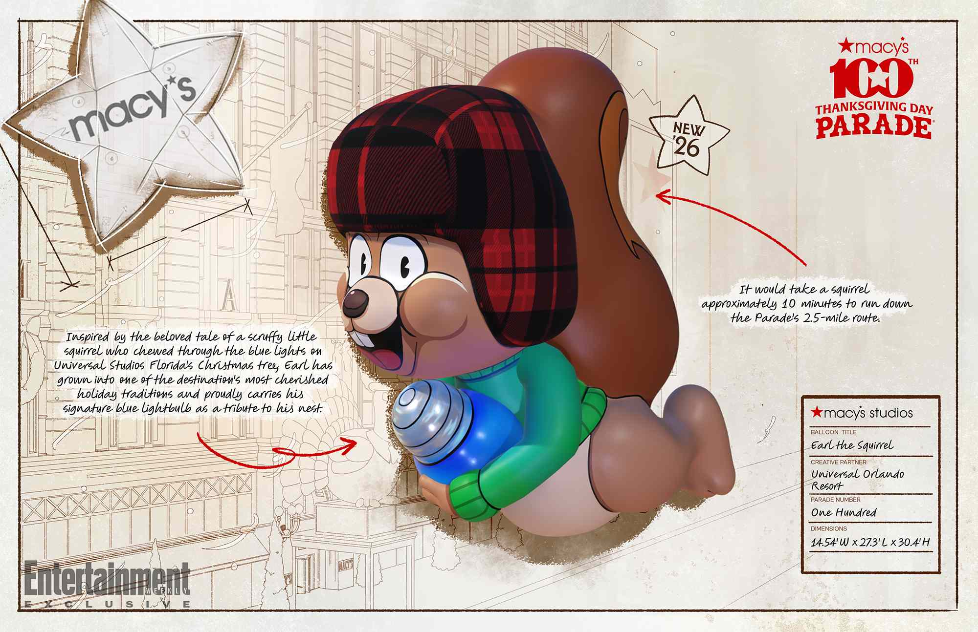 A 3D render of the Earl the Squirrel balloon, a cartoon squirrel in a red plaid hat and green sweater hugging a big blue lightbulb, on a sketched Macy's storefront background with the Macy's 100th Thanksgiving Day Parade logo and a Macy's Studios spec card