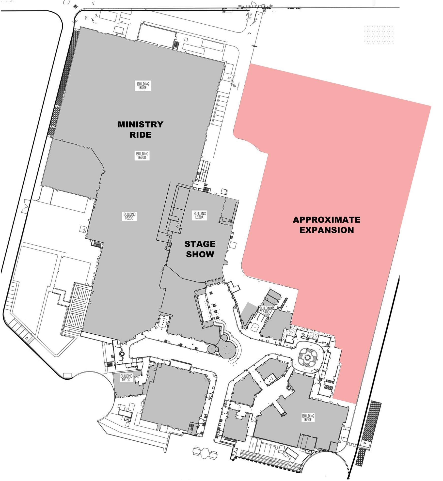Site plan of the Wizarding World at Epic Universe with buildings shaded gray and labeled Ministry Ride and Stage Show, and a large pink area to the right labeled Approximate Expansion