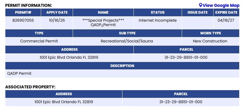 Screenshot of an Orange County permit record for permit B26907055, applied 10/16/26, status Internet Incomplete, type Commercial Permit, sub type Recreational/Social/Sauna, work type New Construction, address 1001 Epic Blvd Orlando FL 32819