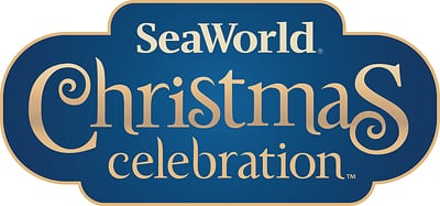 The SeaWorld Christmas Celebration logo in gold script on a navy blue sign shape