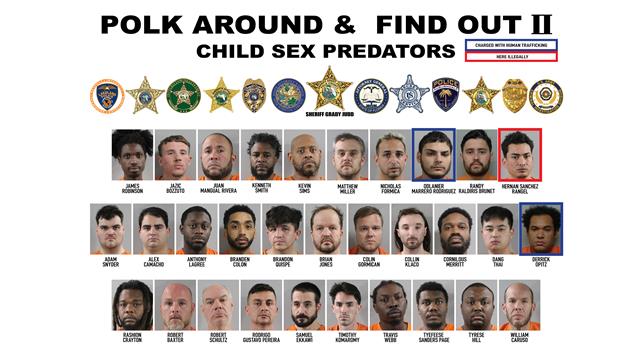 Polk County Sheriff's Office graphic titled Polk Around and Find Out II, Child Sex Predators, showing agency badges and seals above three rows of labeled booking photos