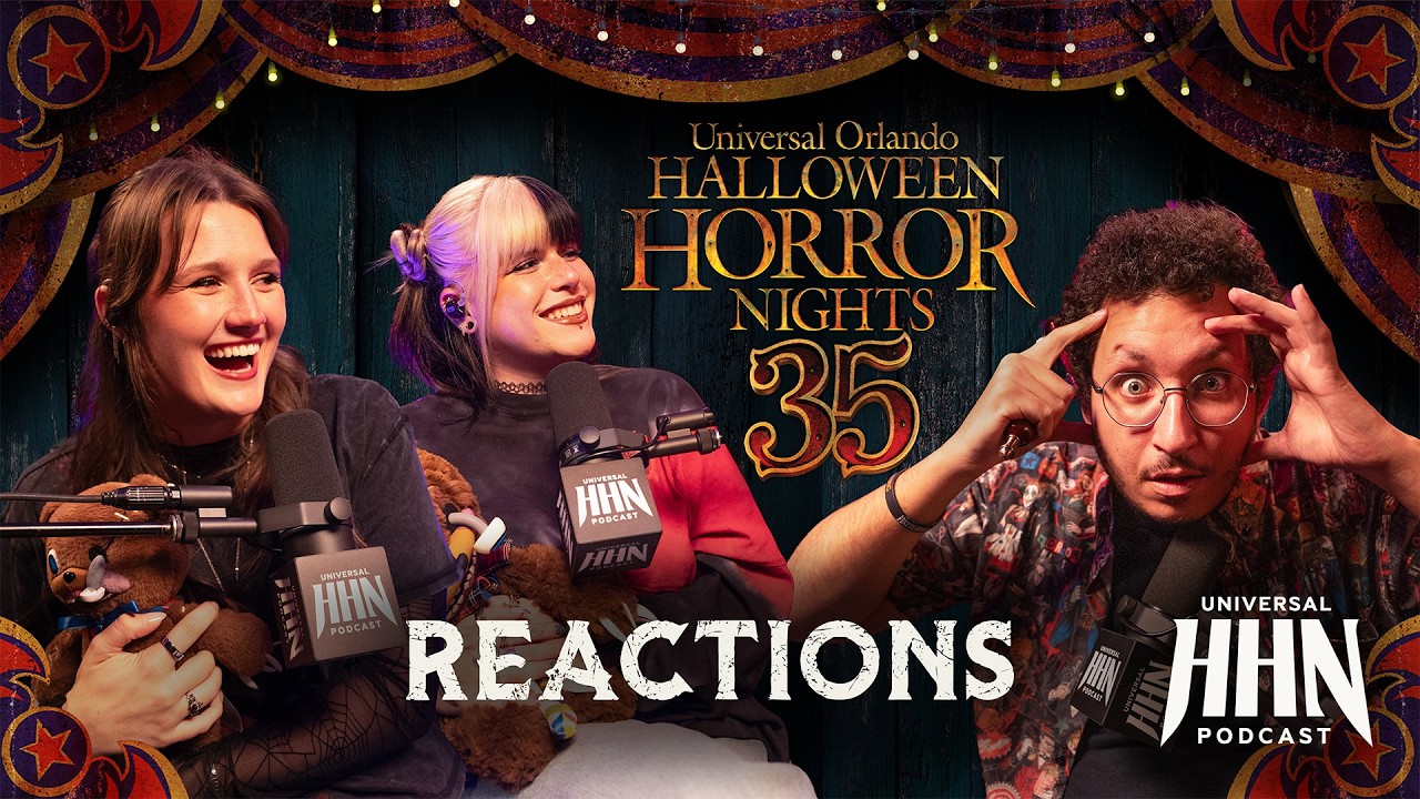 Three podcast hosts with HHN microphones in front of circus-style curtains with the Universal Orlando Halloween Horror Nights 35 logo, the word REACTIONS and the Universal HHN Podcast logo