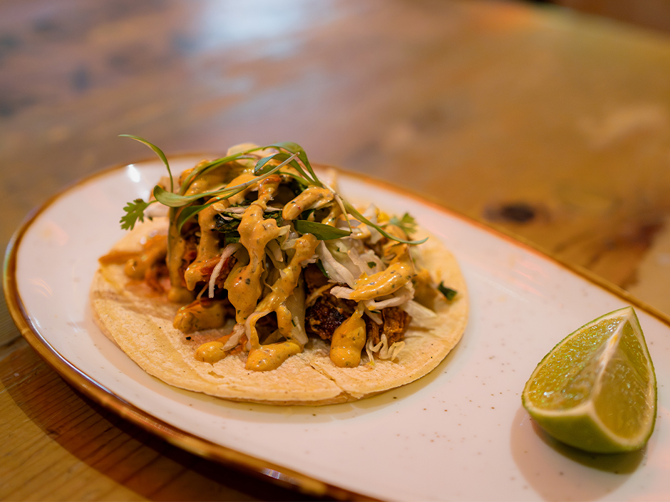 A chicken tinga taco at Antojitos Authentic Mexican Food at Universal CityWalk.