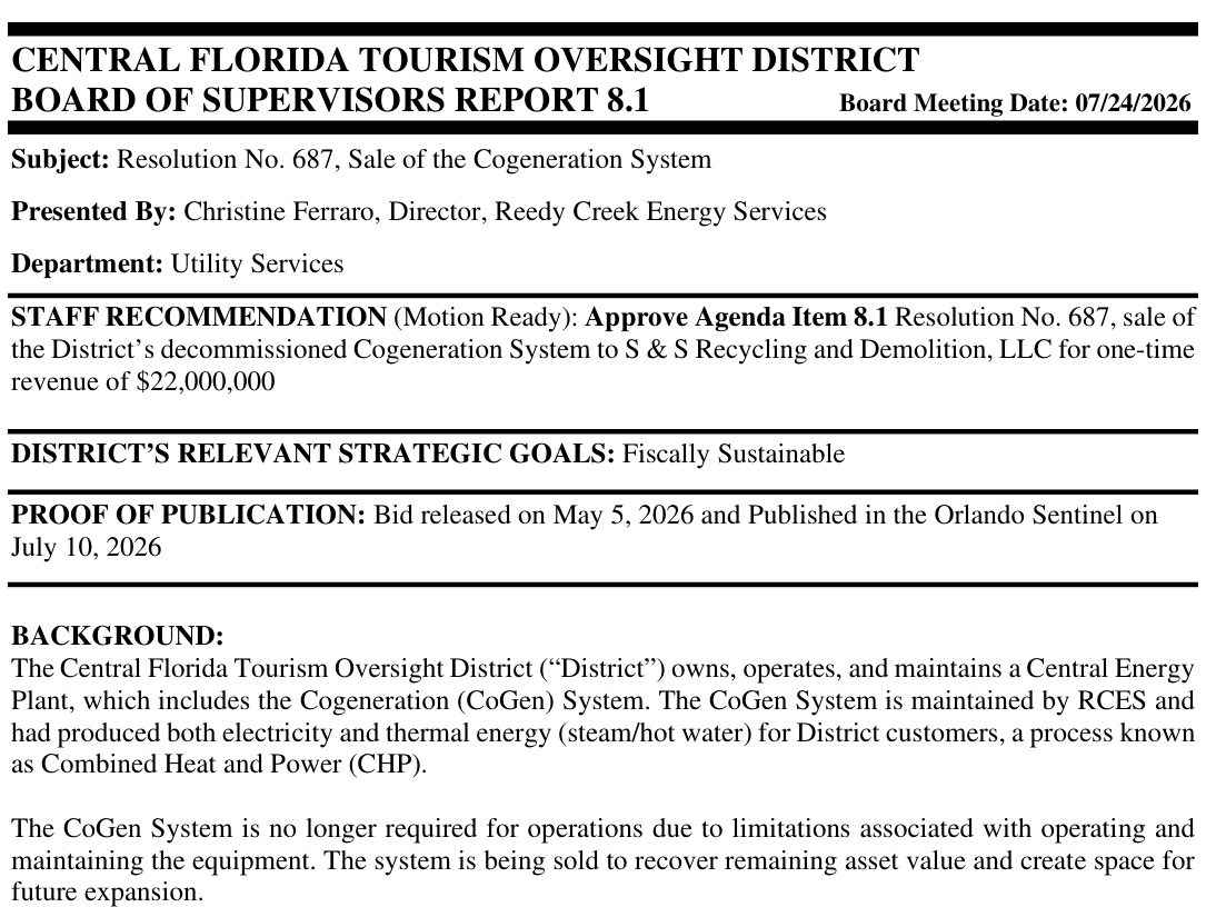 CFTOD Board of Supervisors Report 8.1 recommending the sale of the Cogeneration System for $22,000,000