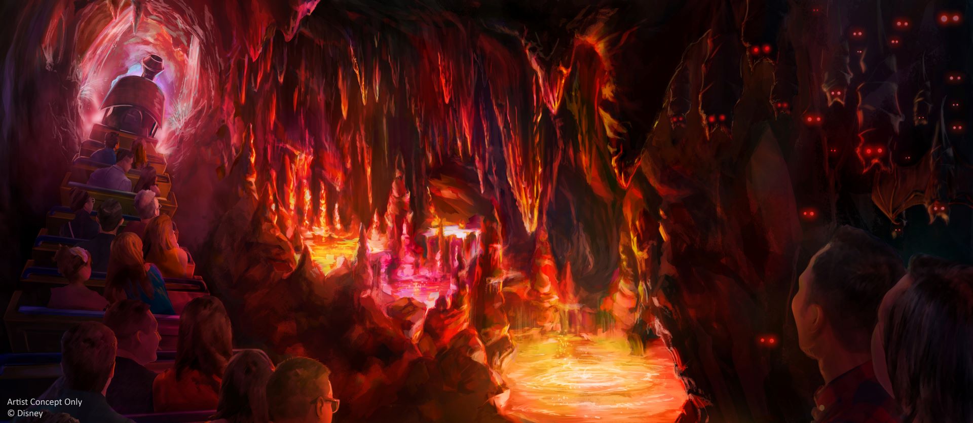 Rendering of the new Rainbow Caverns scene on Big Thunder Mountain Railroad with phosphorescent pools, iridescent stalagmites, and bats overhead.