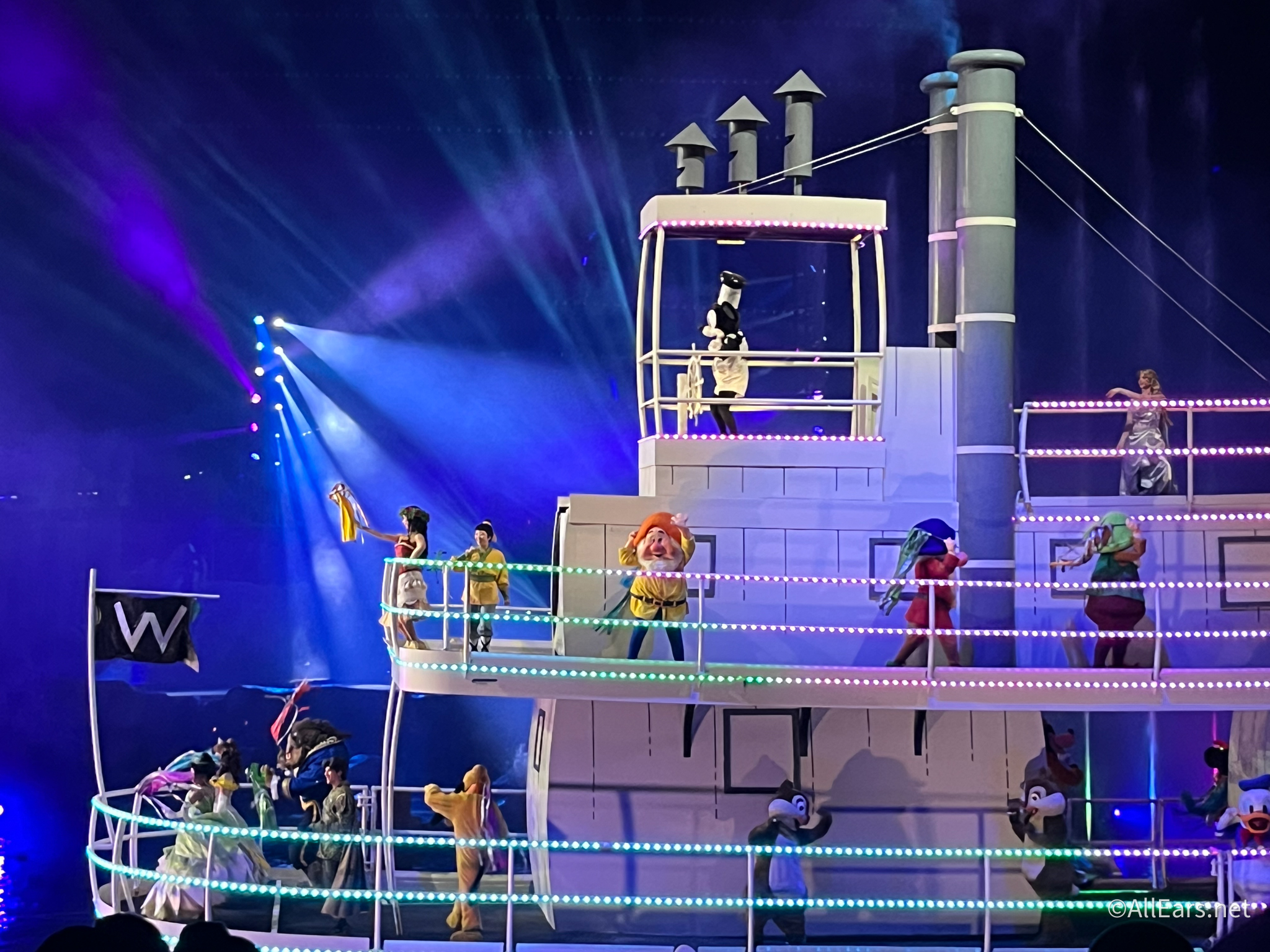 Characters aboard the riverboat during the finale of Fantasmic! at Disney's Hollywood Studios.