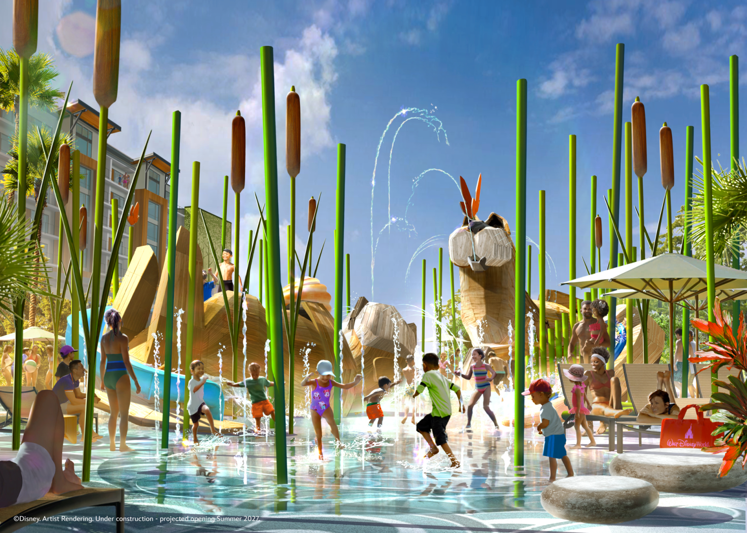 Concept art detail of the kid play zones at The Wetlands at Disney Lakeshore Lodge, including Heron Shores and Otter Springs themed to the Colors of the Wind lyric from Pocahontas.