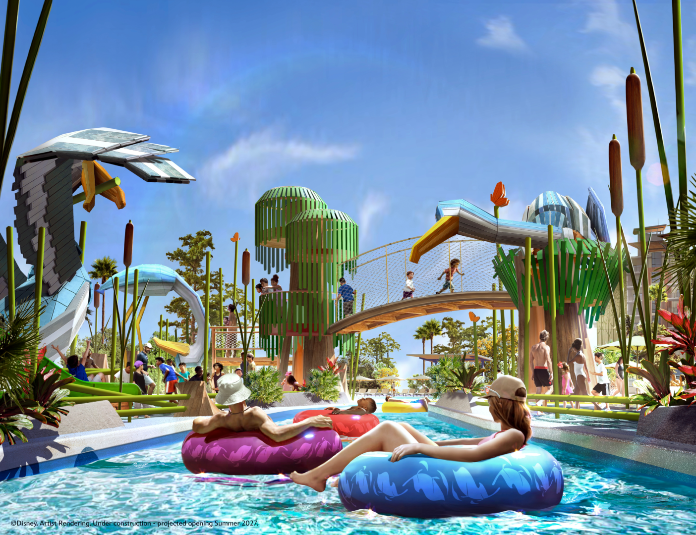 Aerial concept art of The Wetlands recreation area at Disney Lakeshore Lodge, showing the Lakeside Lagoon feature pool, Daydream River lazy river, and surrounding kid play spaces.