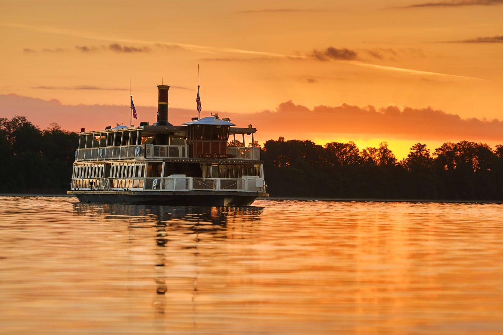 The existing trio of Magic Kingdom ferryboats on Seven Seas Lagoon: Admiral Joe Fowler, General Joe Potter, and Richard F. Irvine.