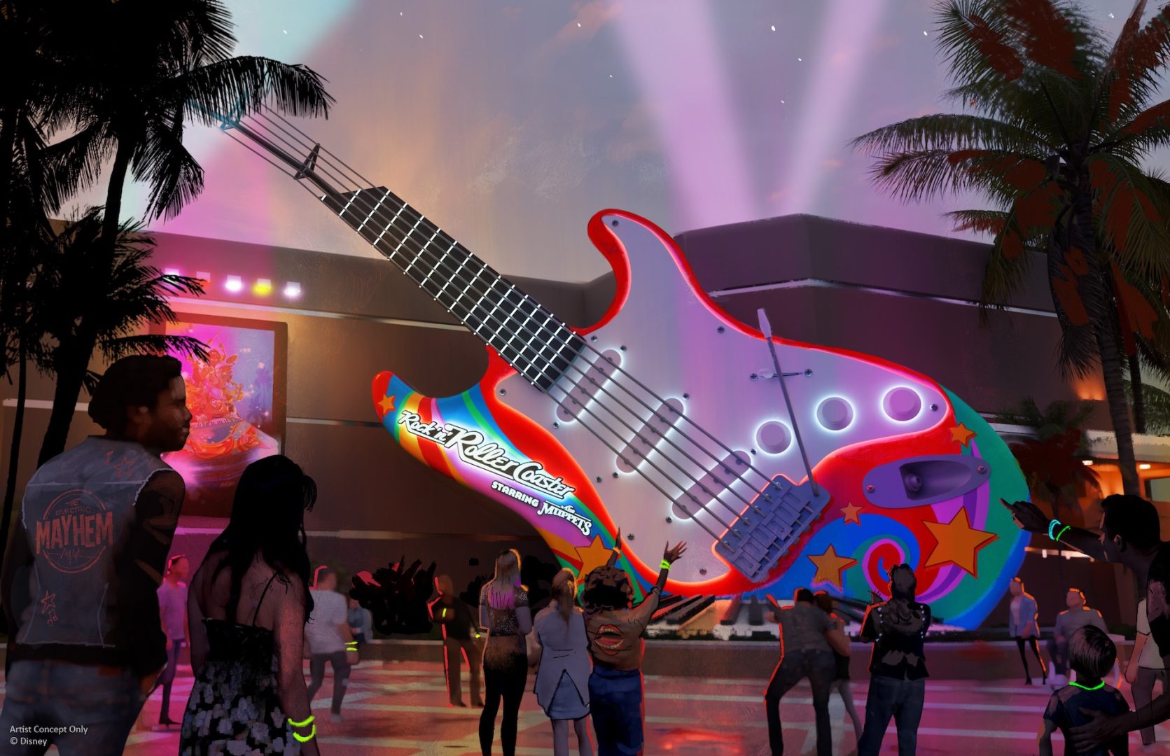 Concept art for Rock 'n' Roller Coaster Starring The Muppets featuring The Electric Mayhem band members in the recording studio.