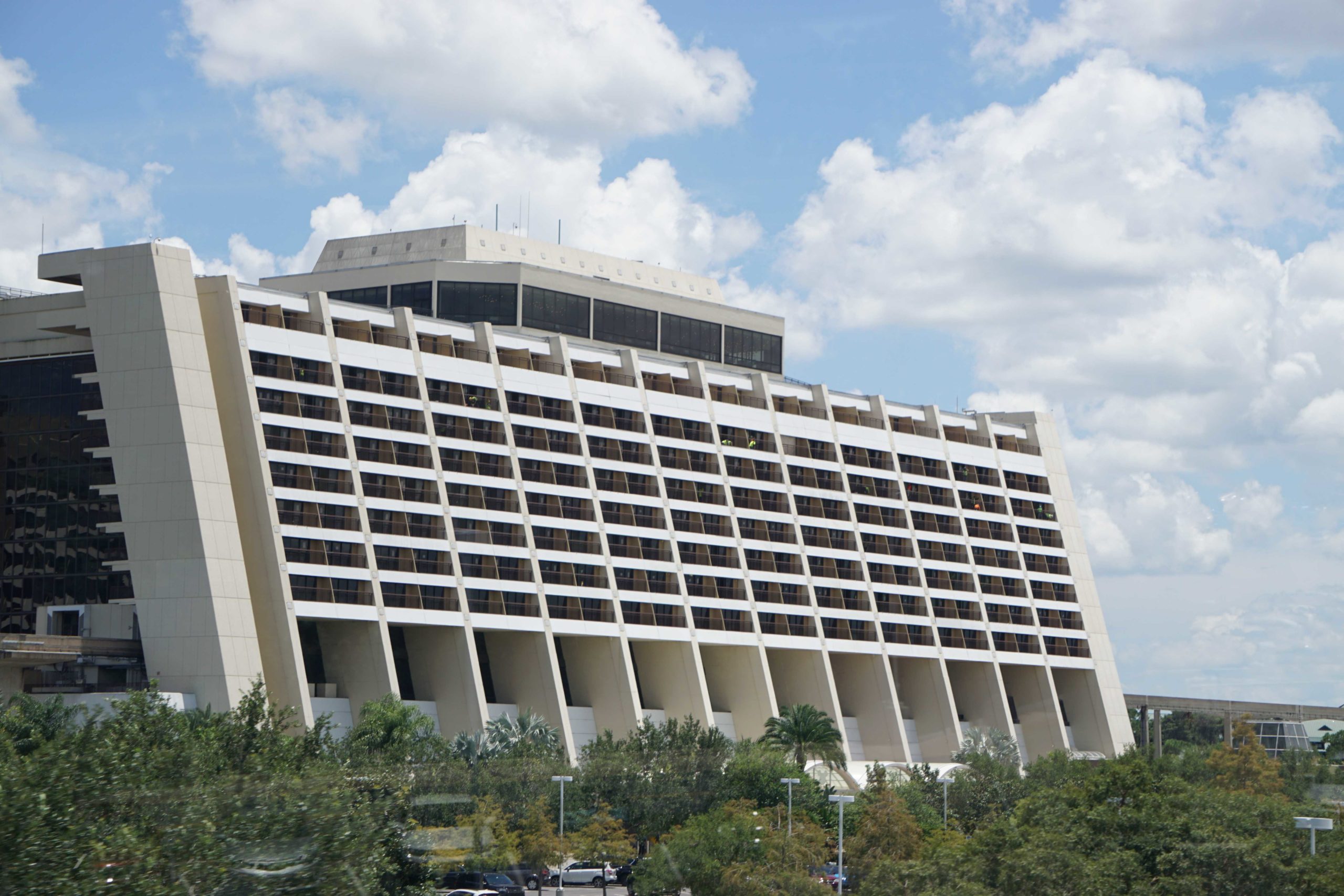 Disney's Contemporary Resort exterior with the iconic A-frame tower and monorail beam