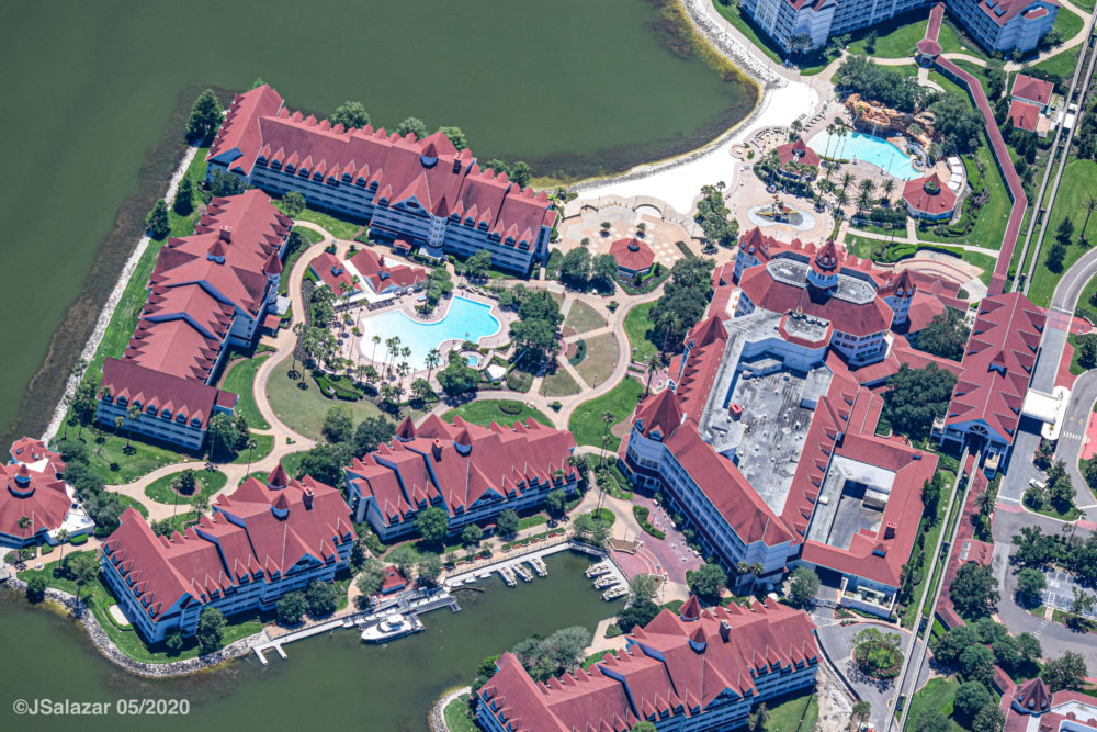Aerial view of Disney's Grand Floridian Resort and Spa Victorian complex on Seven Seas Lagoon