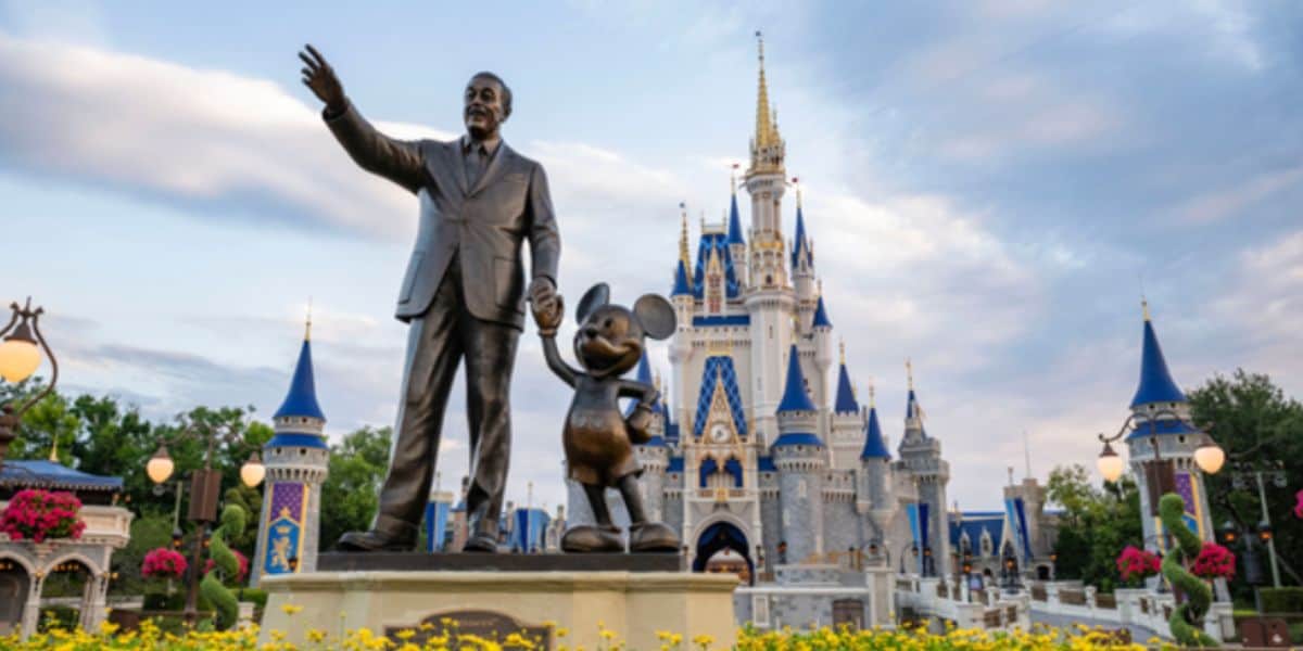 The Partners statue of Walt Disney and Mickey Mouse in front of Cinderella Castle at Magic Kingdom.