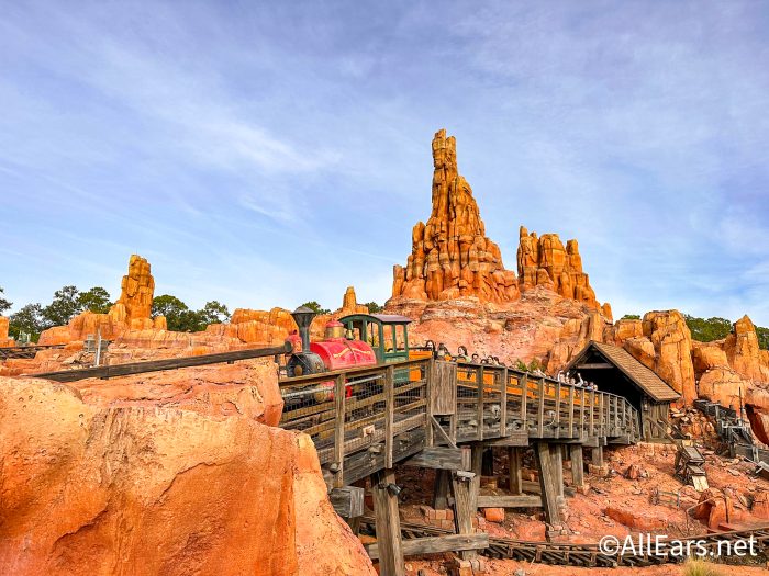 Wide view of the red rock mountains of Big Thunder Mountain Railroad in Frontierland
