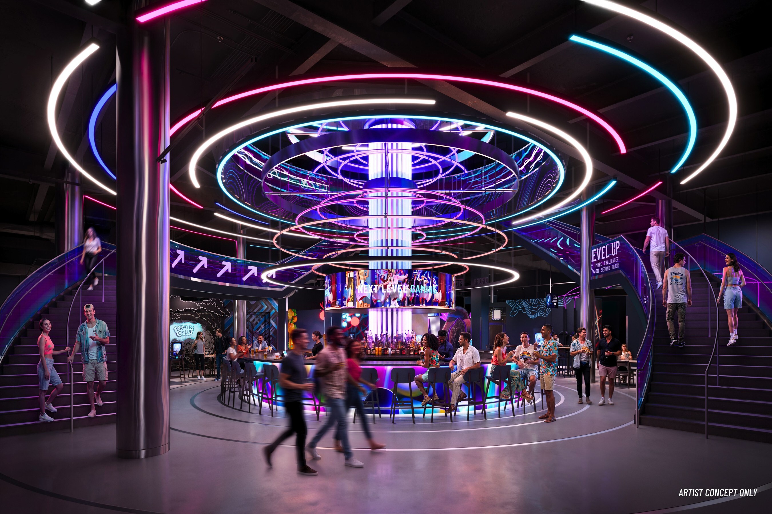 The two-story bar at Level99 encircled by glowing rings of neon light.